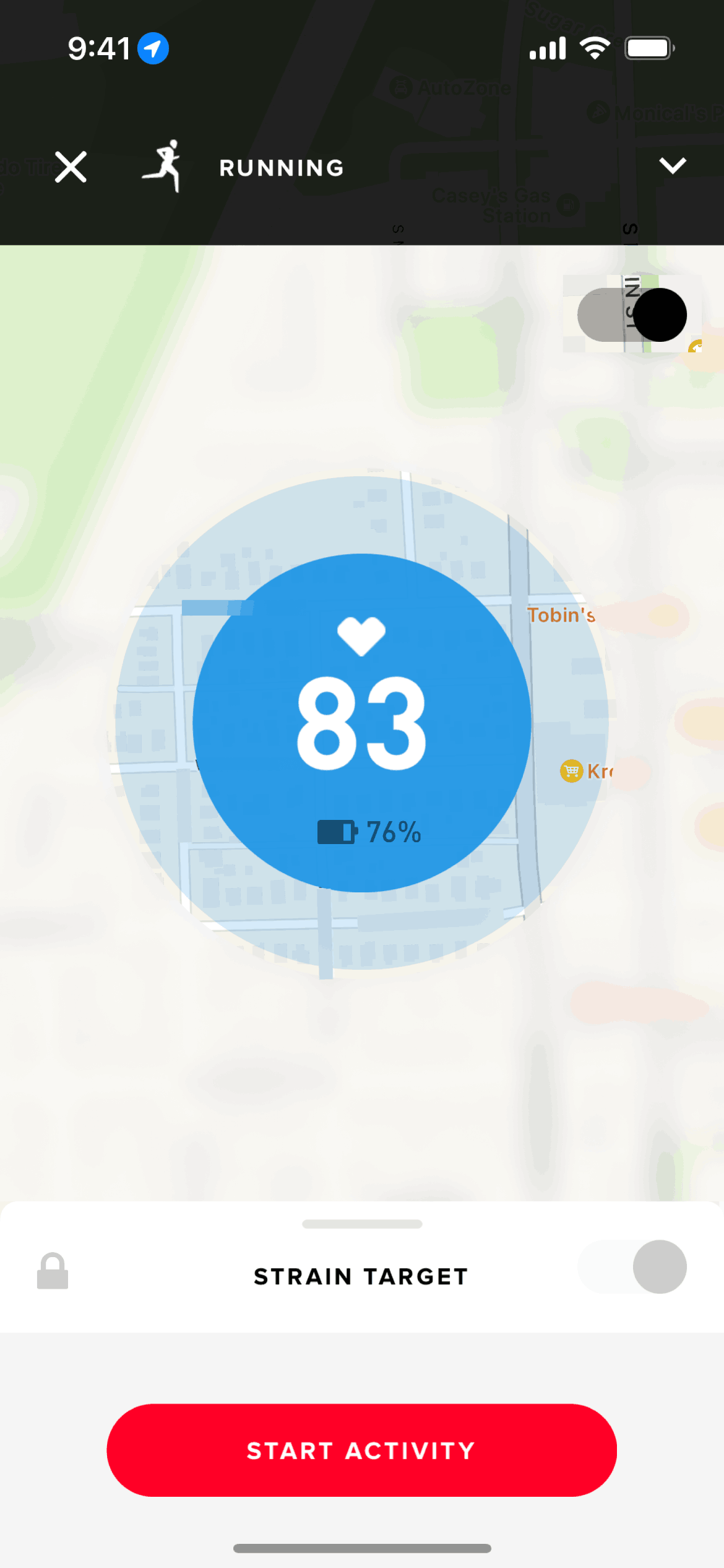 Starting an activity on WHOOP (ios) screen 2