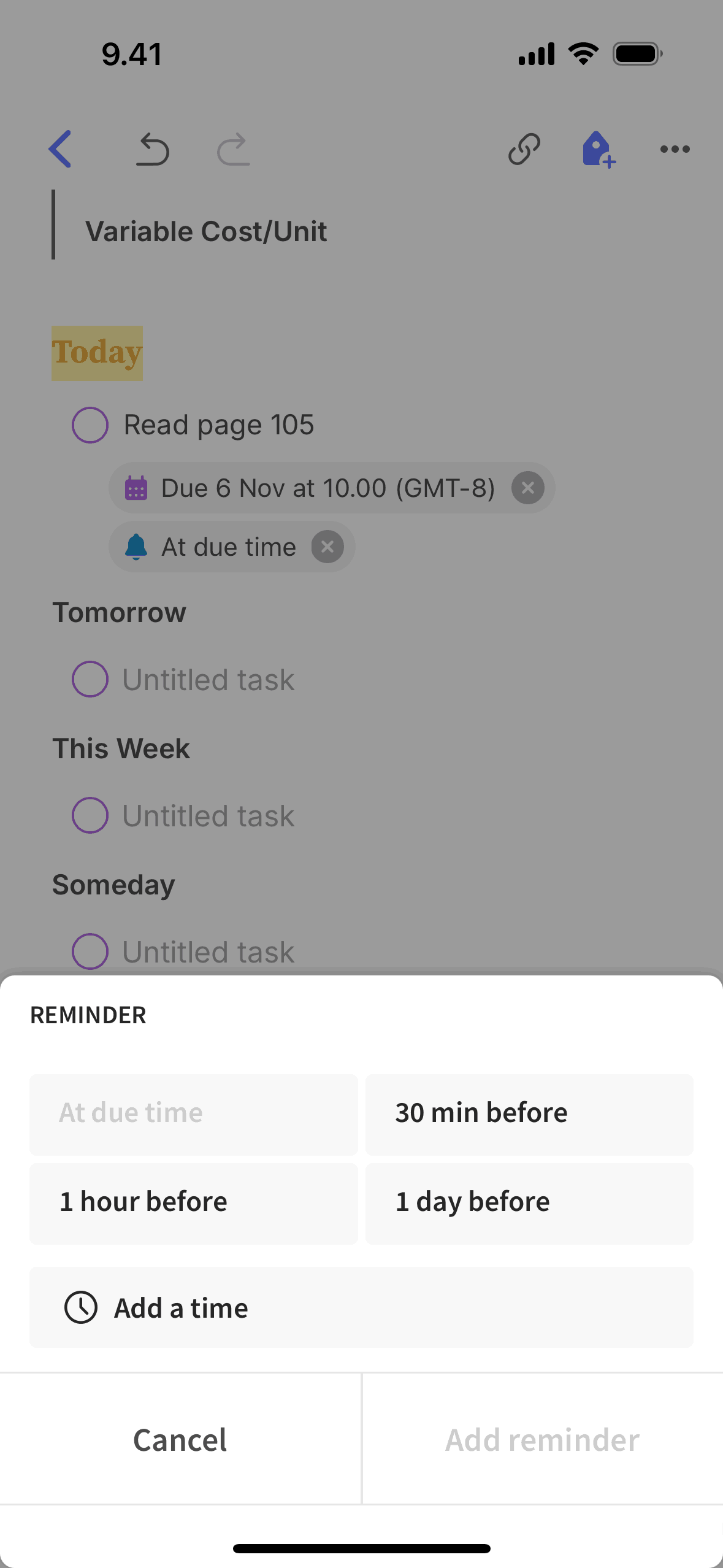 Adding a task reminder on Evernote (ios) screen 2
