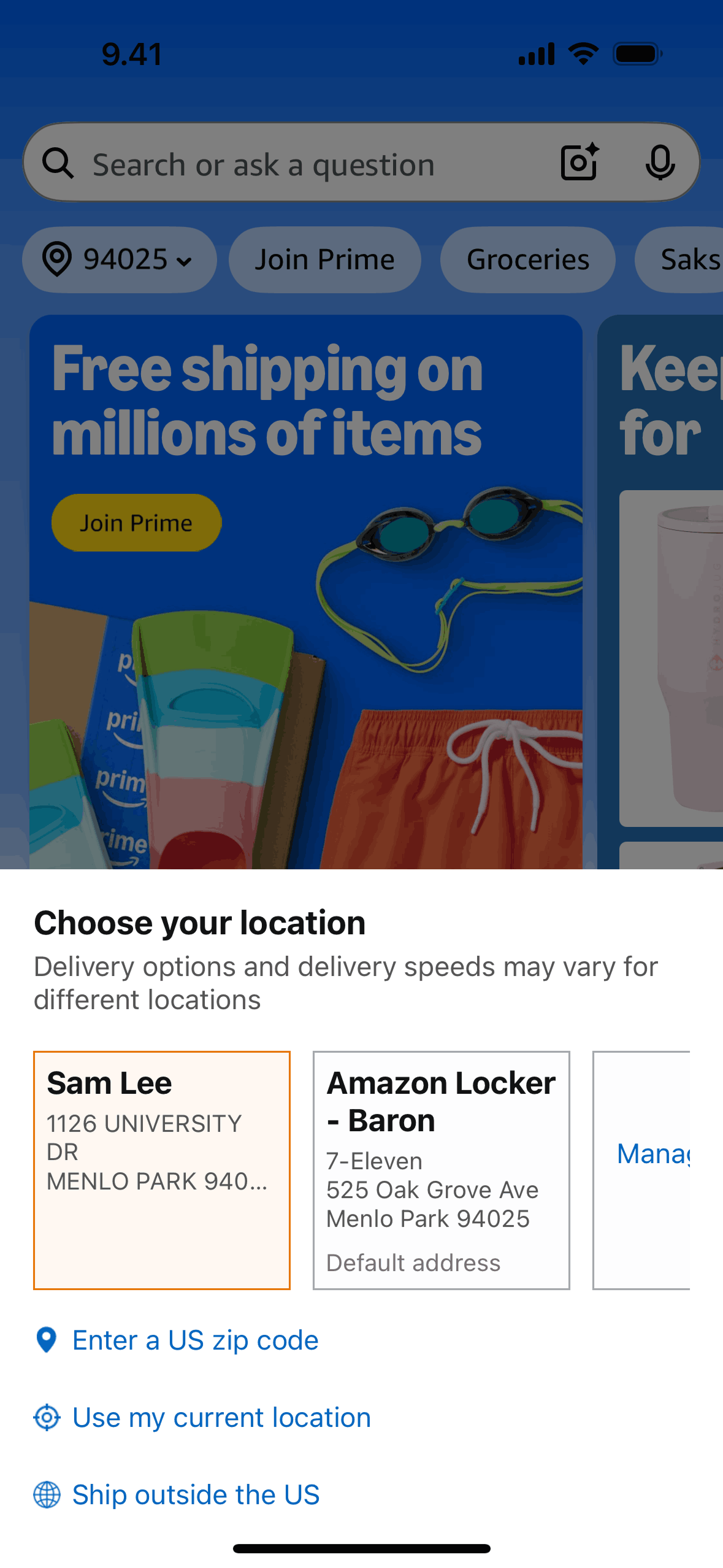 Changing location on Amazon Shopping (ios) screen 2