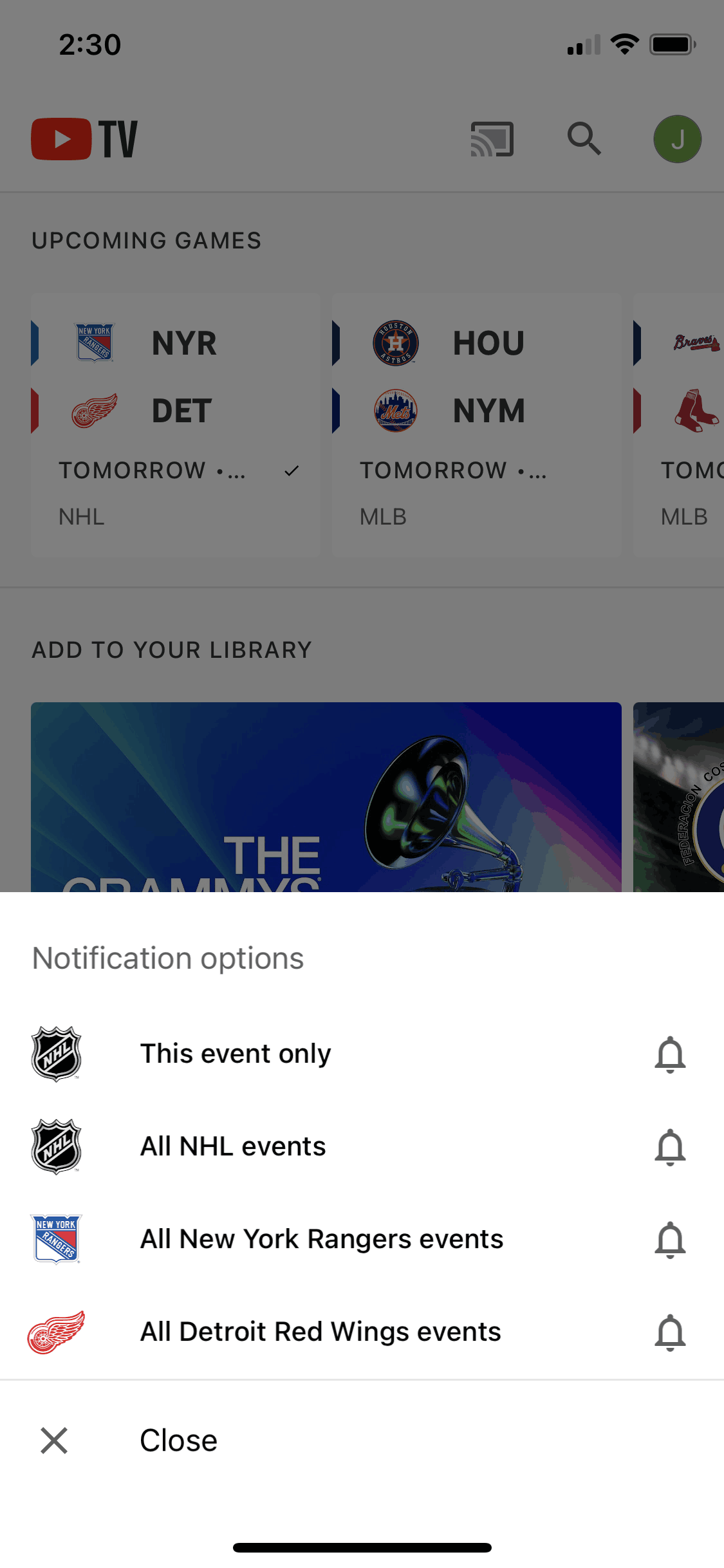 Enabling notification for event on YouTube TV (ios) screen 2