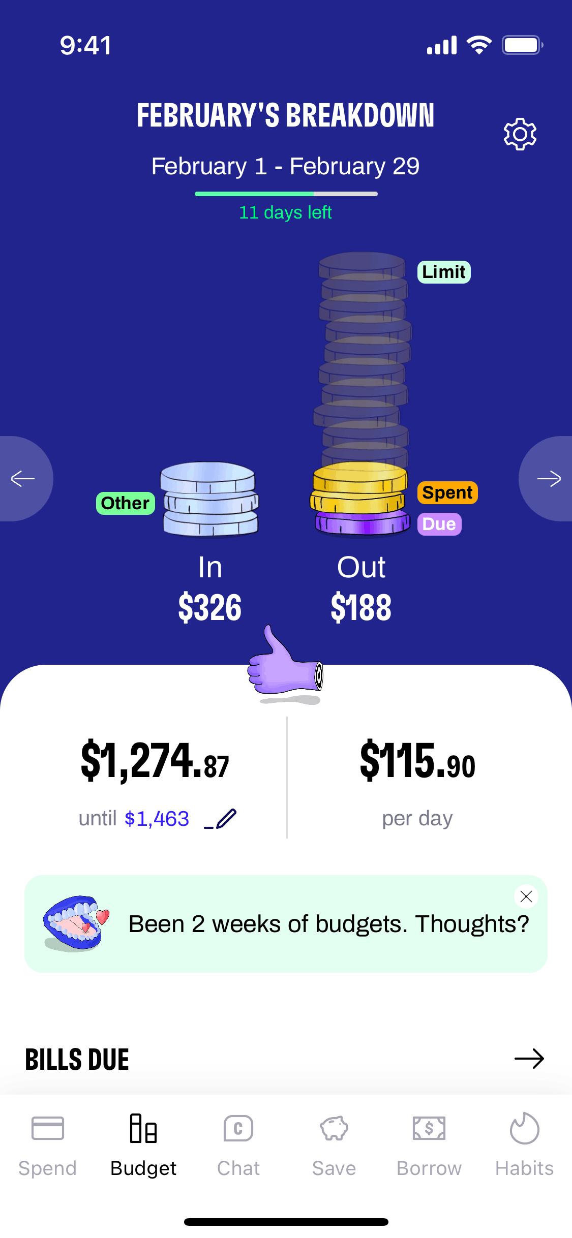 Cleo iOS Finance interface screenshot 2