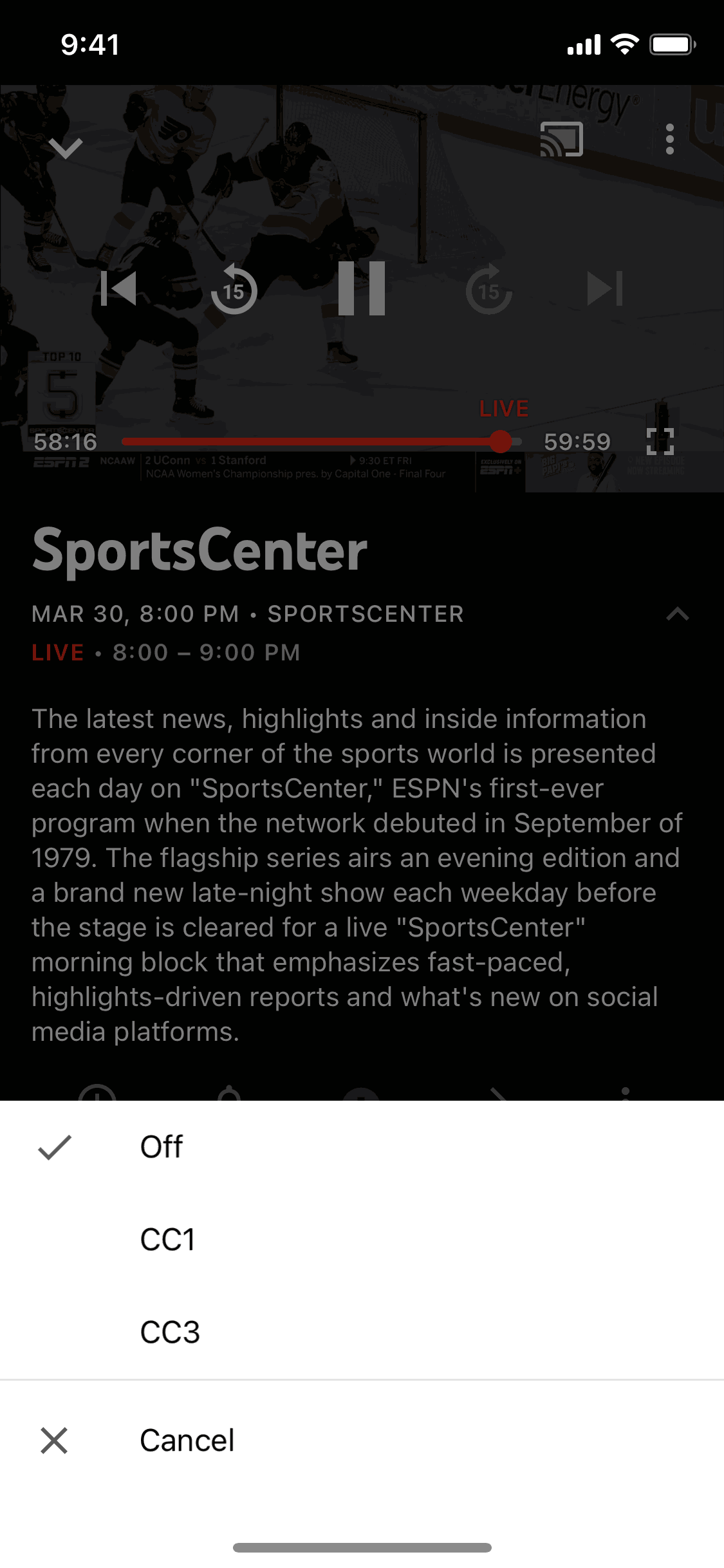 Turning on captions on YouTube TV (ios) screen 2