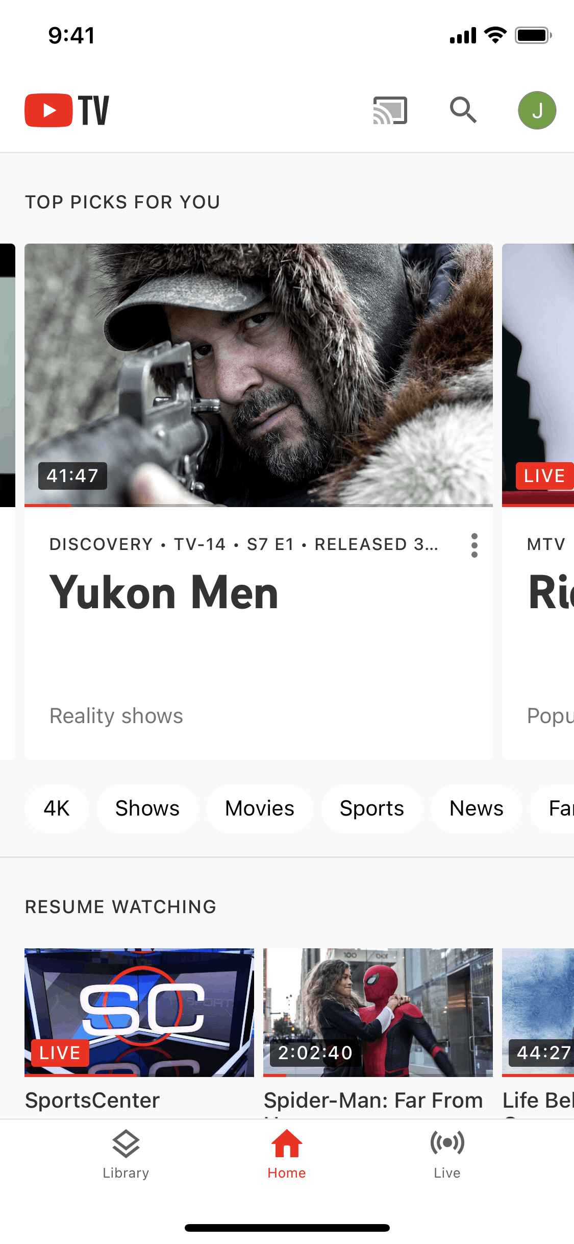 Home on YouTube TV (ios) screen 2