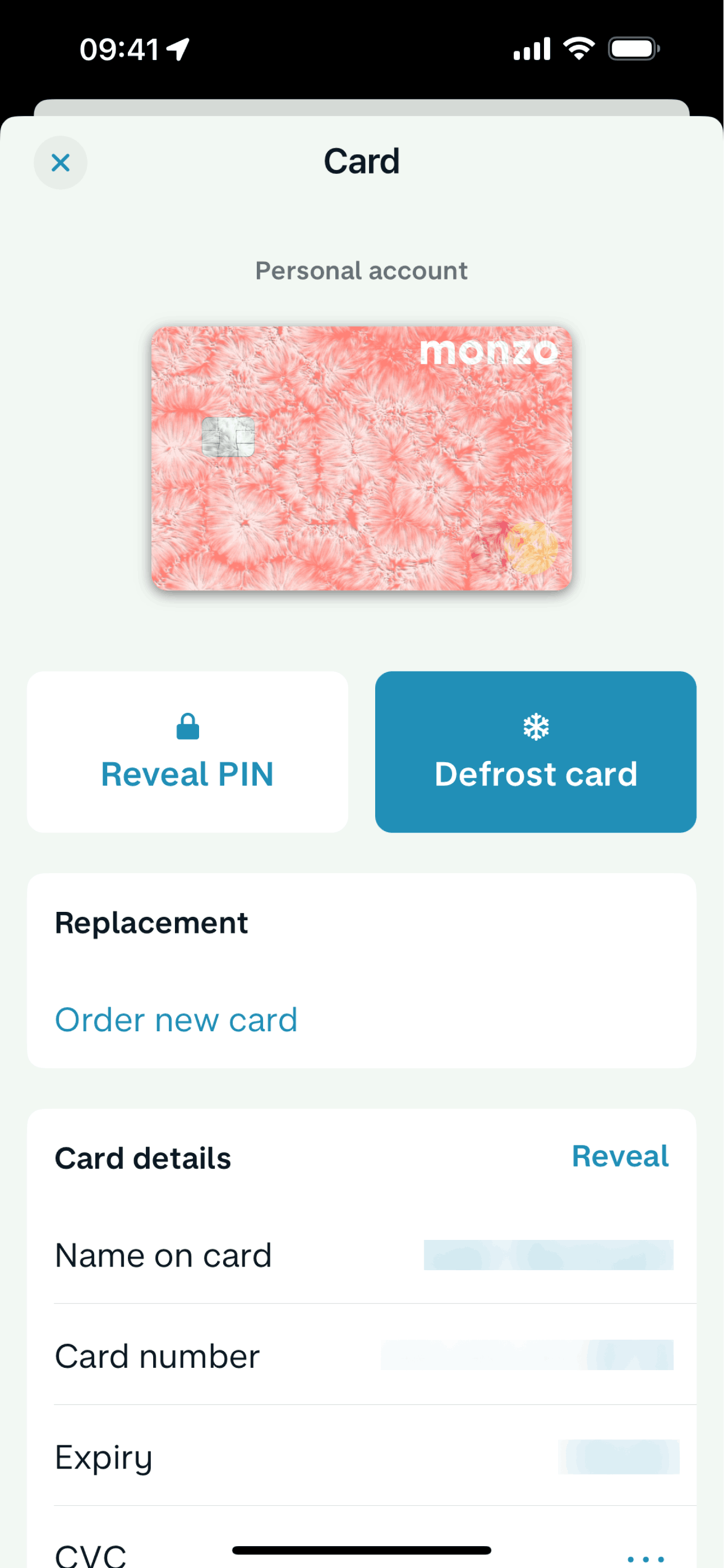 Freezing a card on Monzo (ios) screen 2