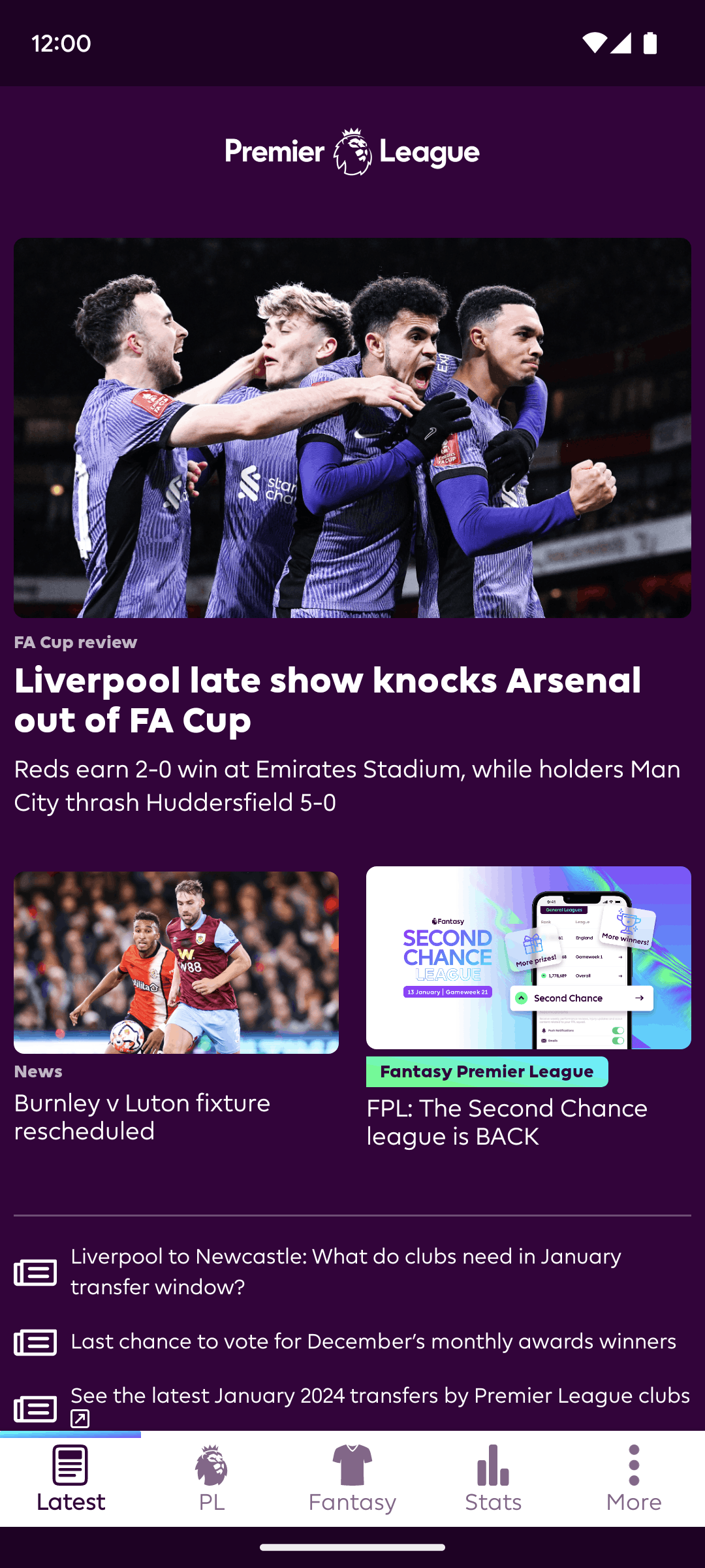 Premier League Android Sports interface screenshot 1