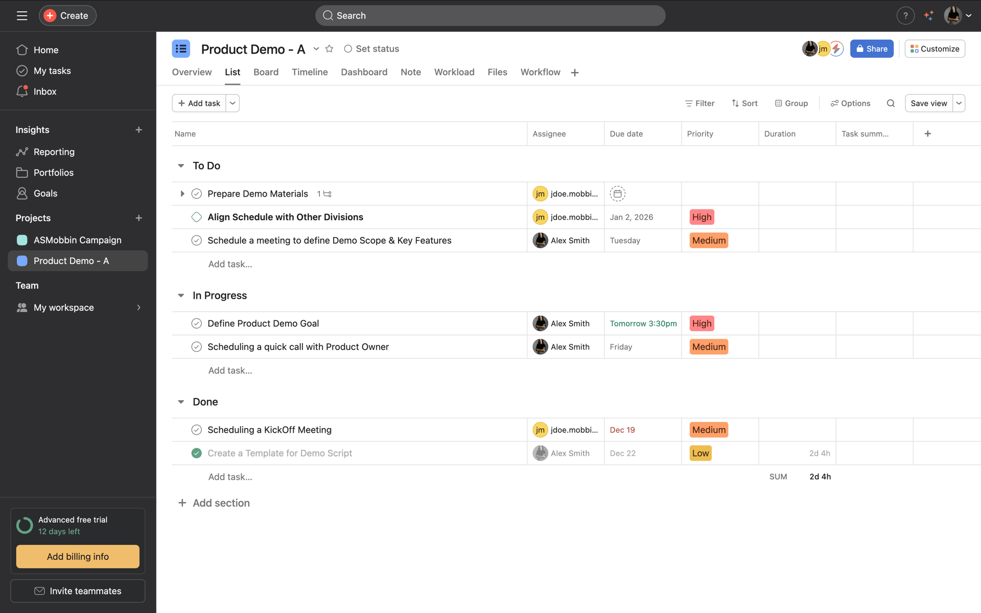 Asana Web Business interface screenshot 2