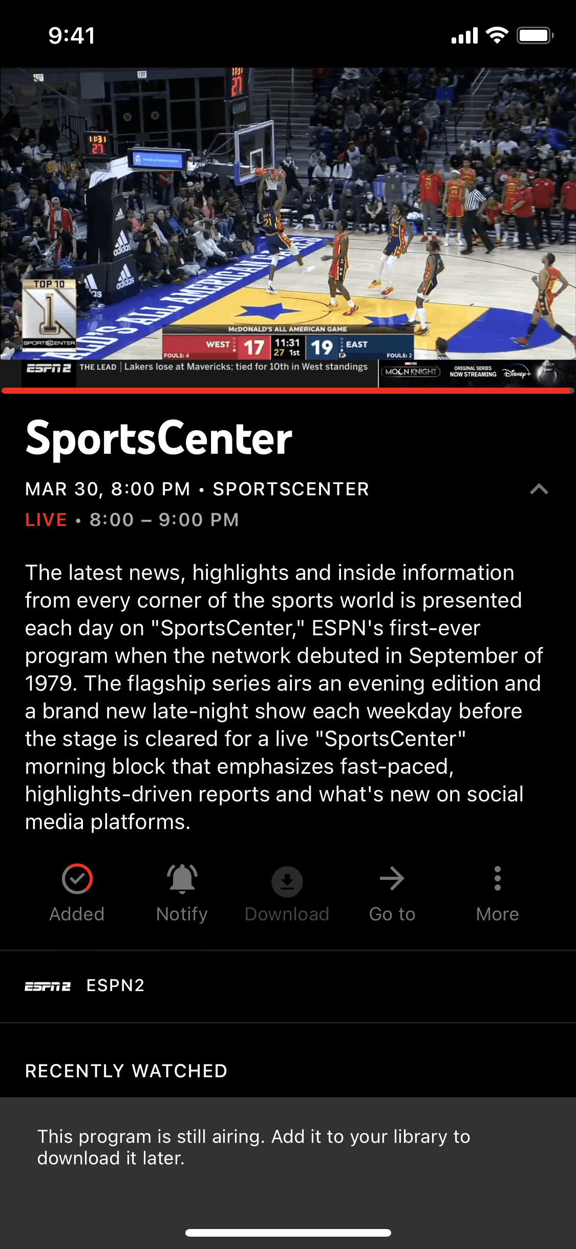Downloading an episode on YouTube TV (ios) screen 2