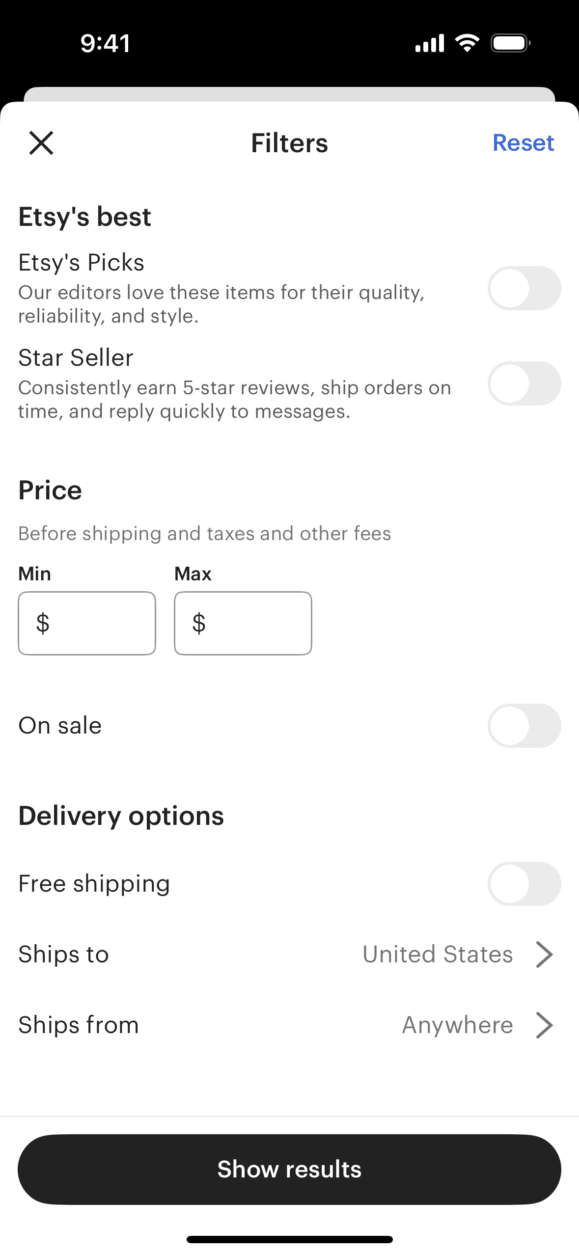 Filtering search results on Etsy (ios) screen 2