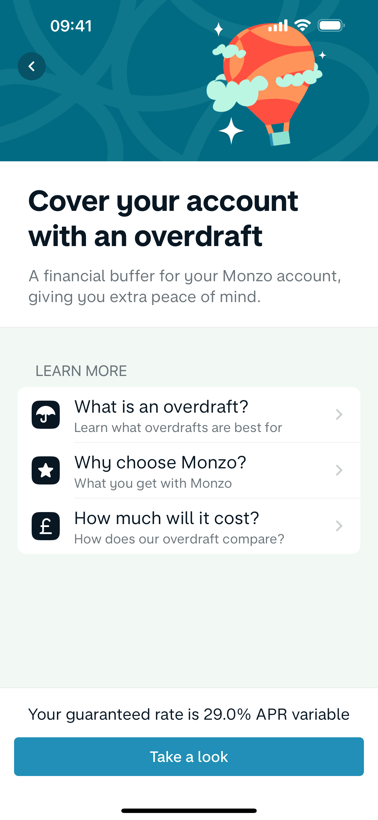 Setting up an overdraft limit on Monzo (ios) screen 2