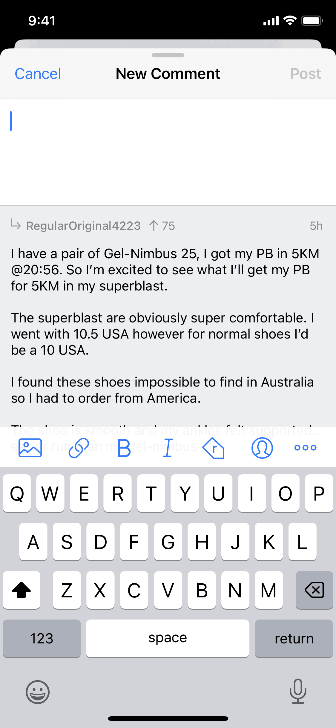 Commenting on a post on Apollo for Reddit (ios) screen 2