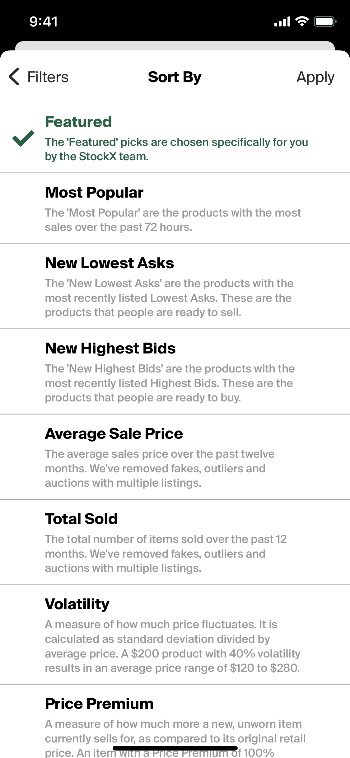 Filtering results on StockX (ios) screen 3