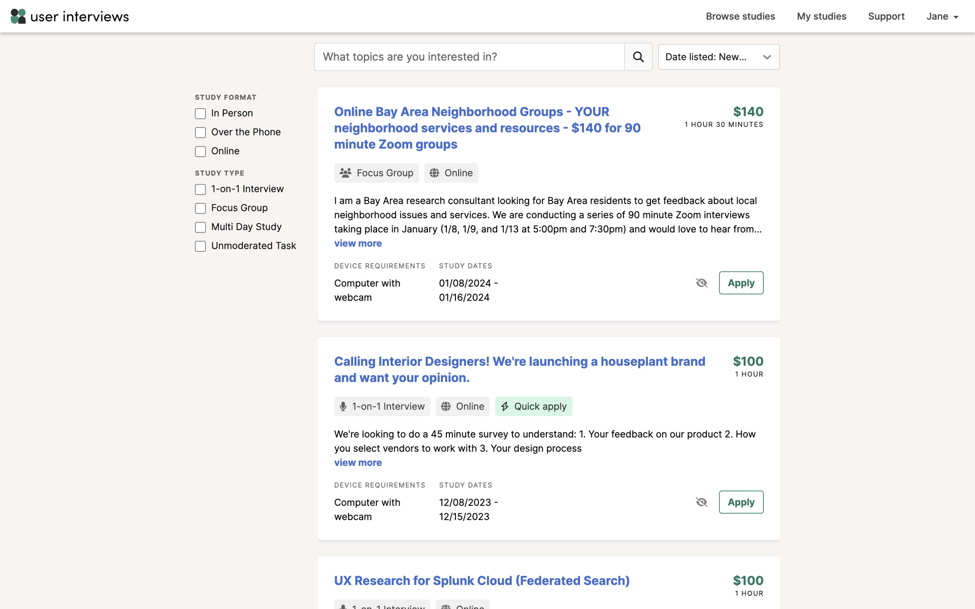 User Interviews Web Business interface screenshot 1