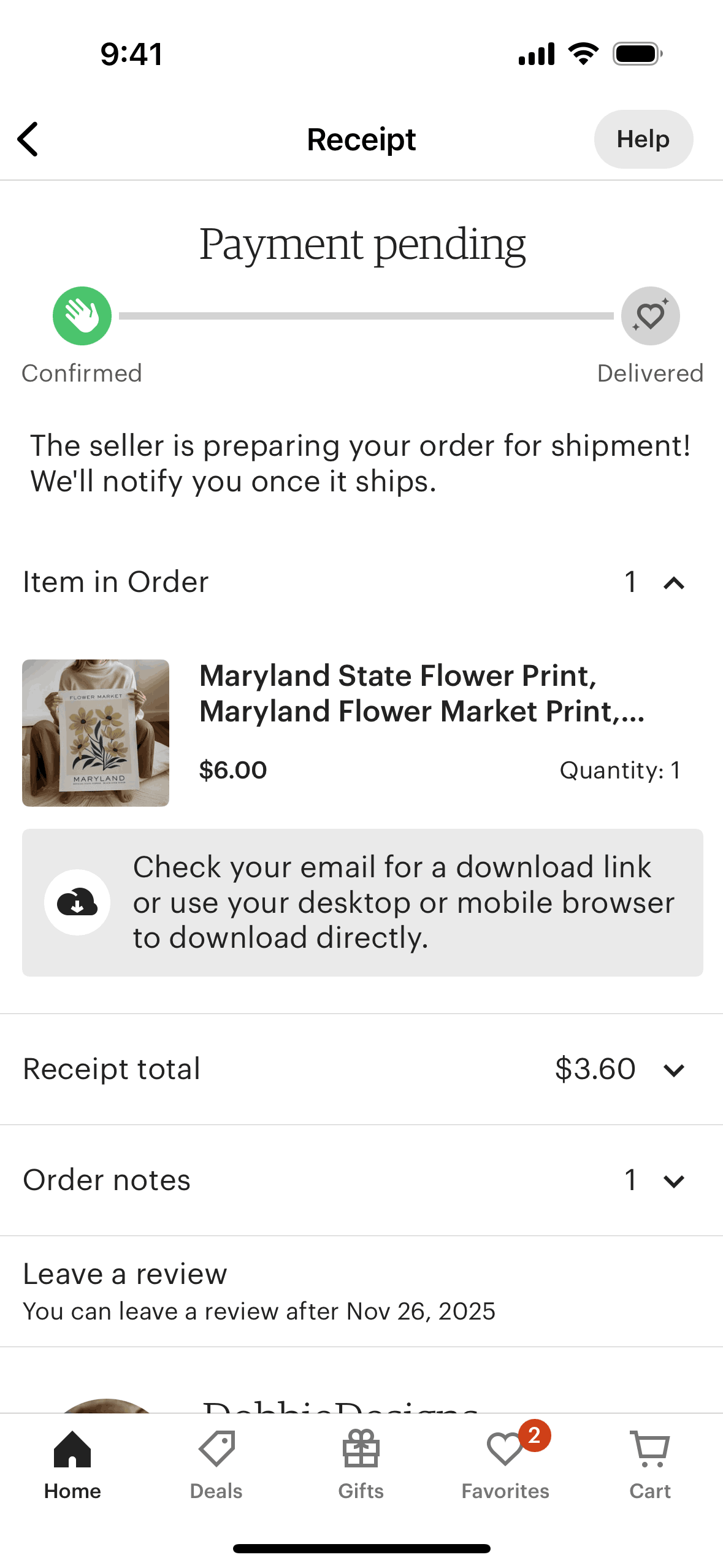 View receipt on Etsy (ios) screen 2