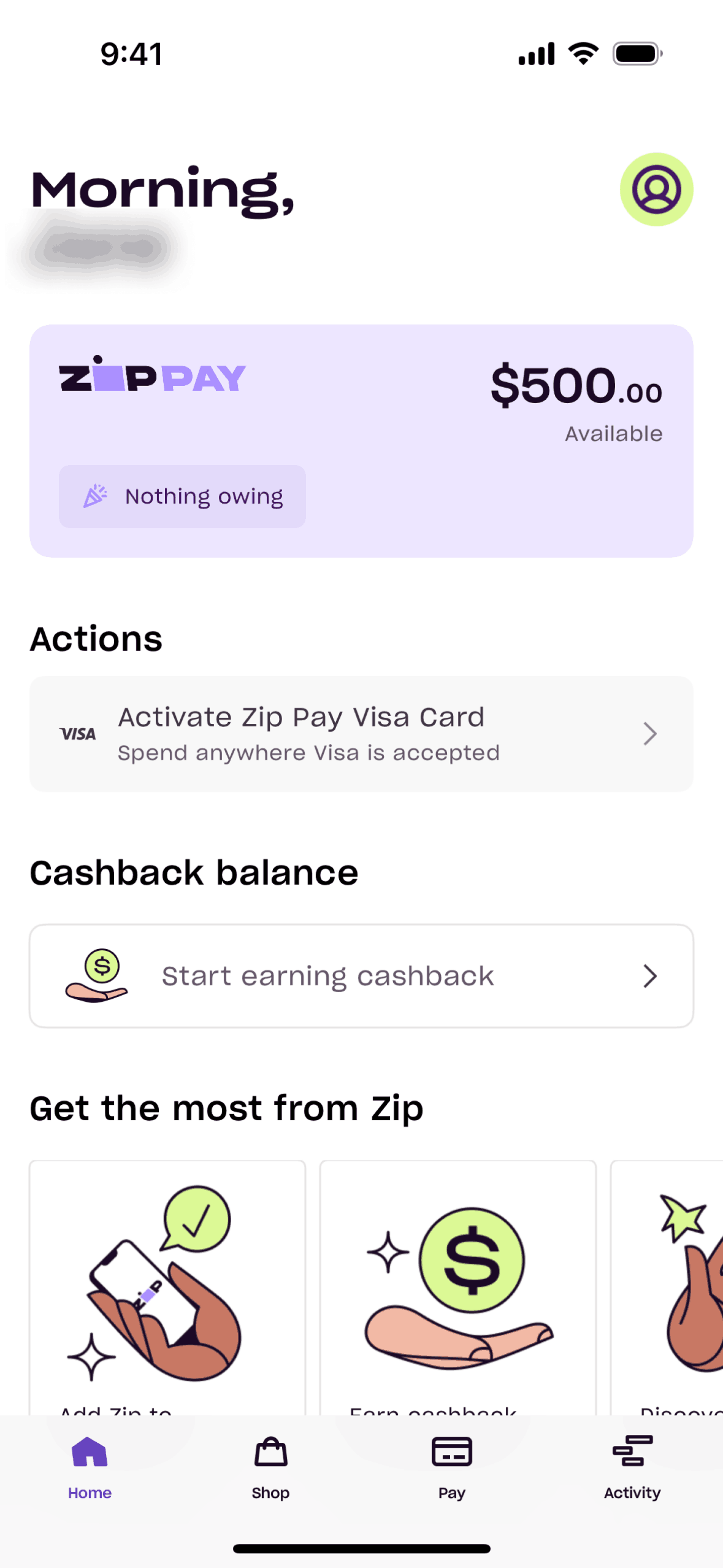 Zip iOS Finance interface screenshot 2