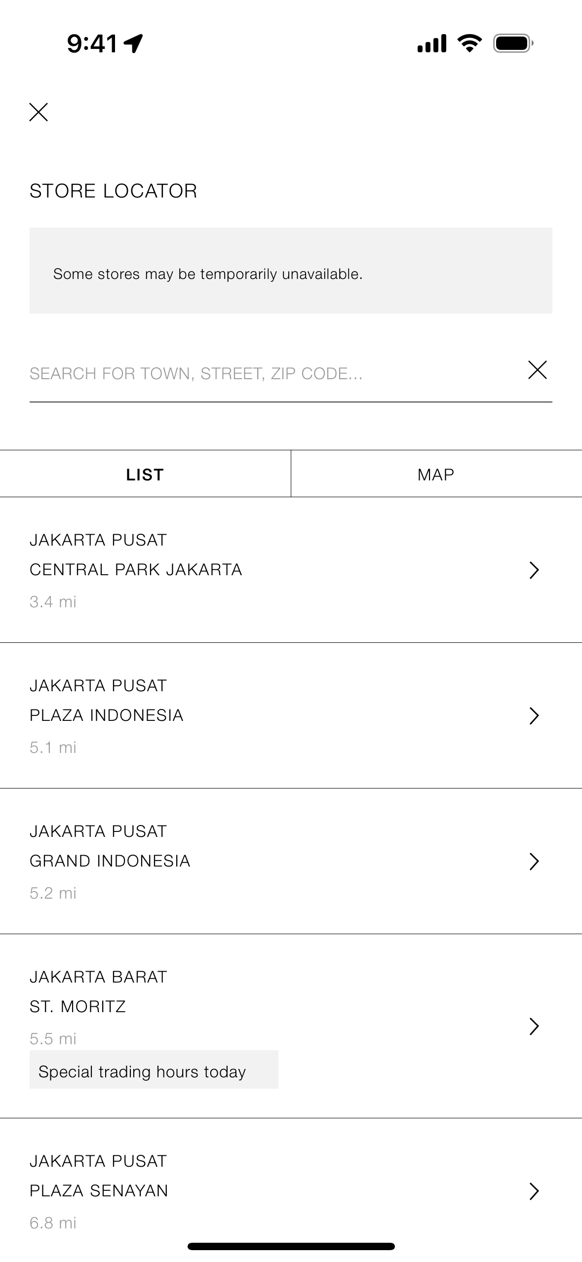 Selecting a pick up store on ZARA (ios) screen 2