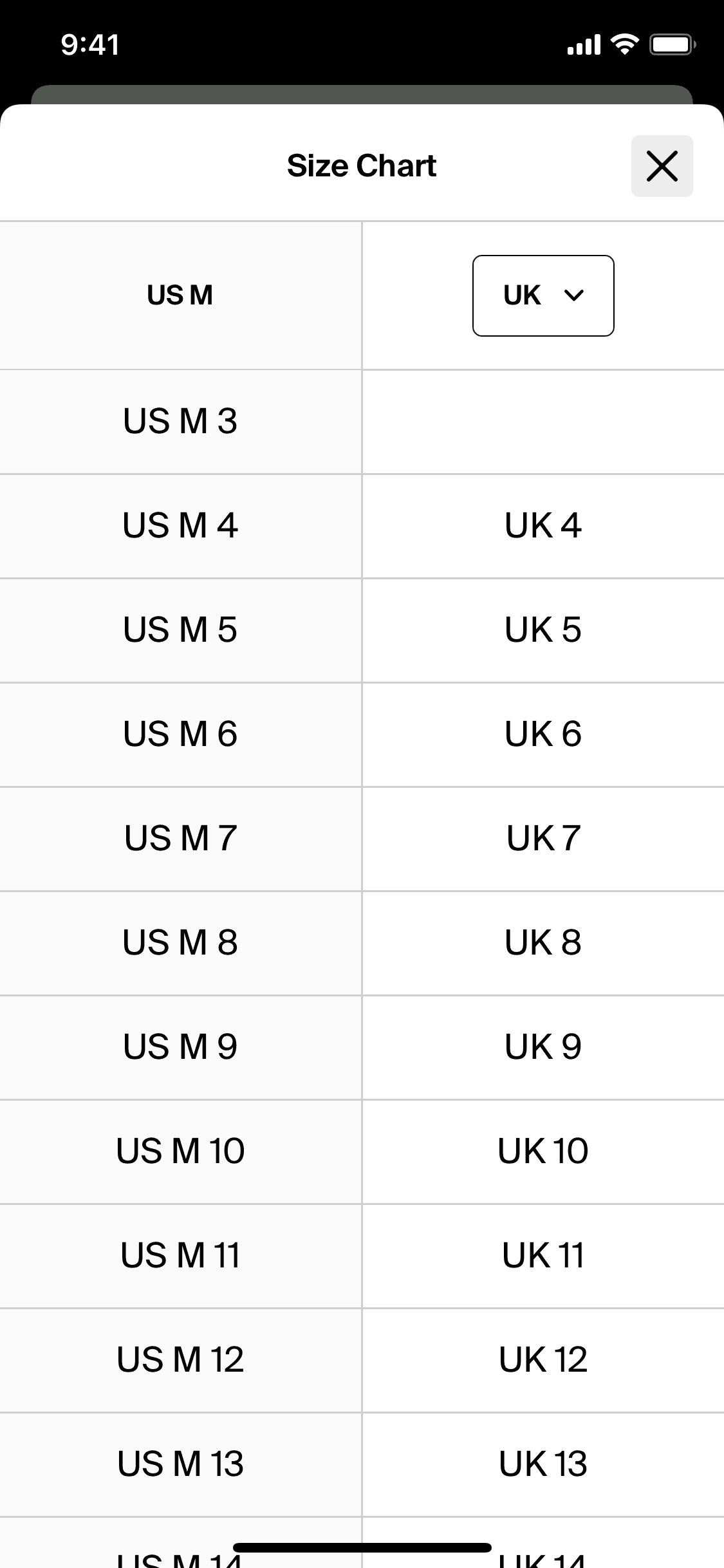 View size guide on StockX (ios) screen 2