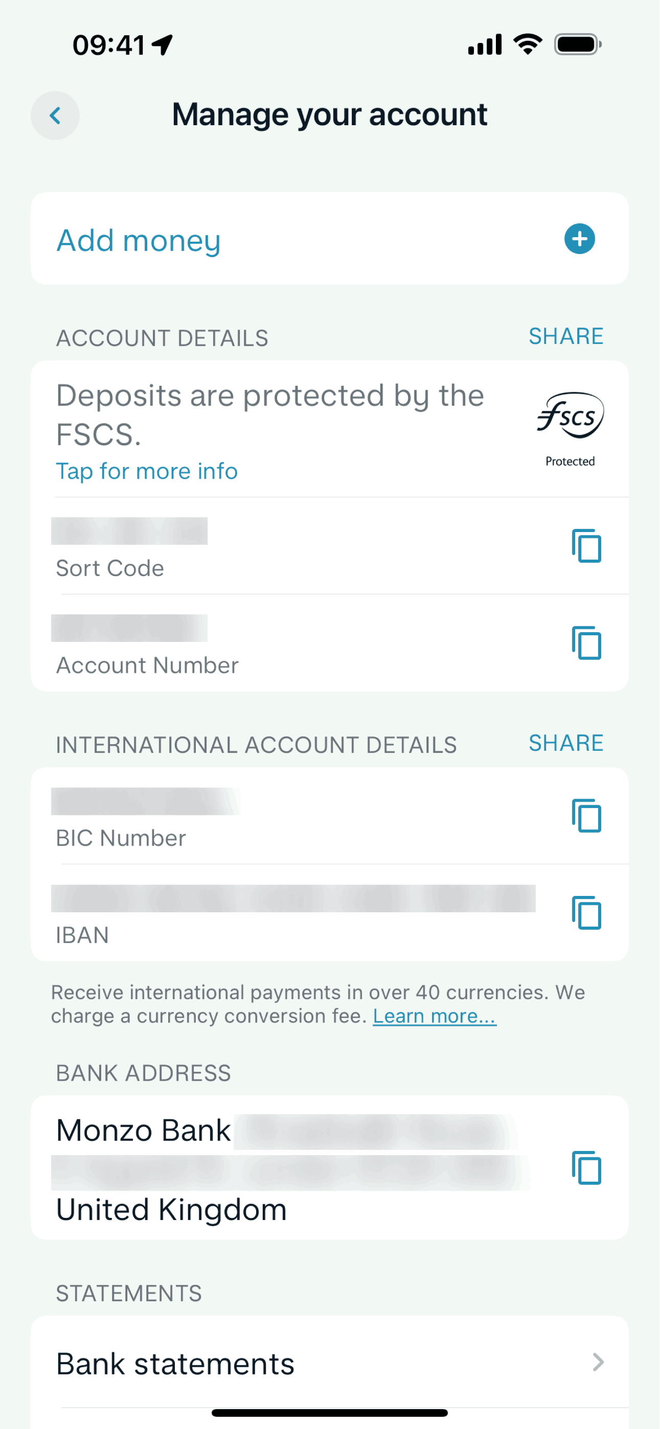 Manage account on Monzo (ios) screen 2
