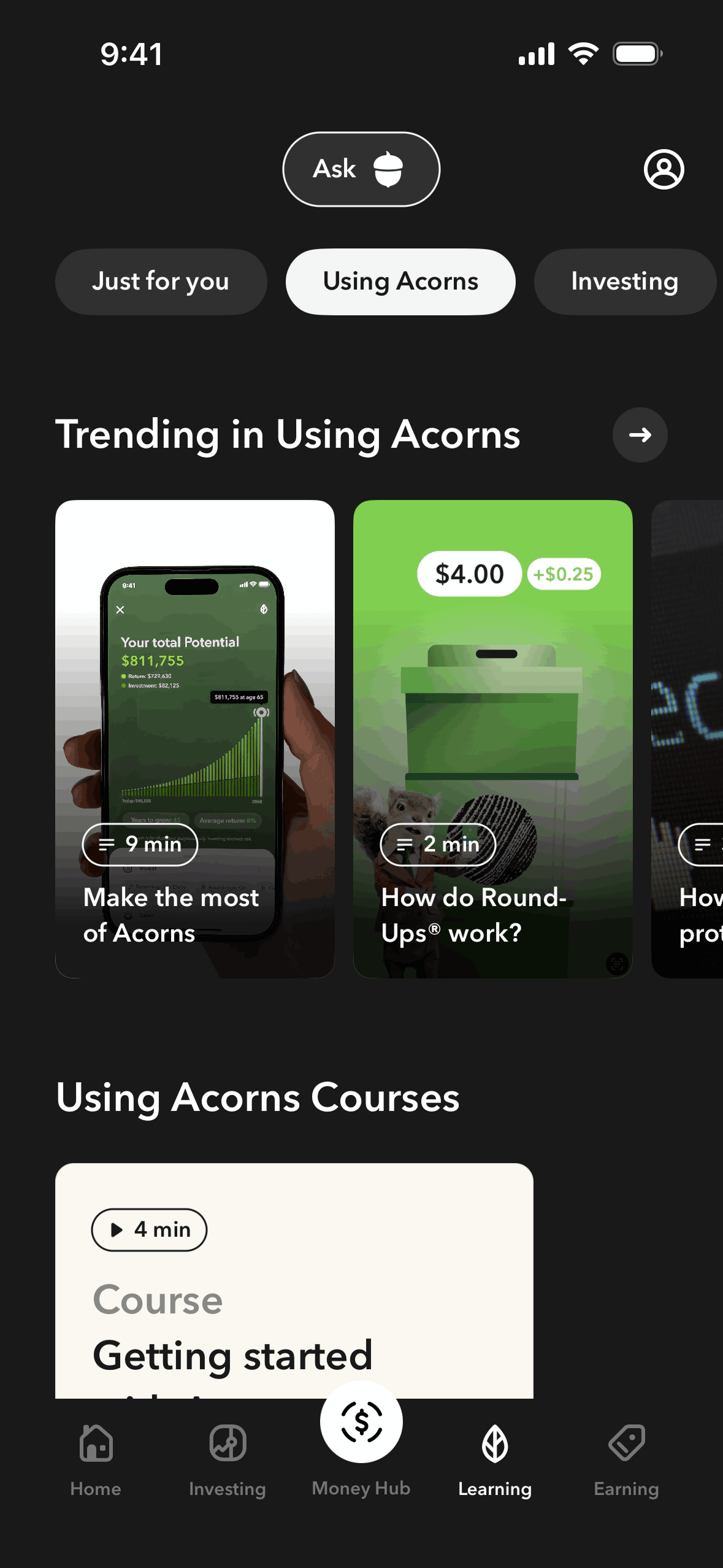 Acorns iOS Finance interface screenshot 1