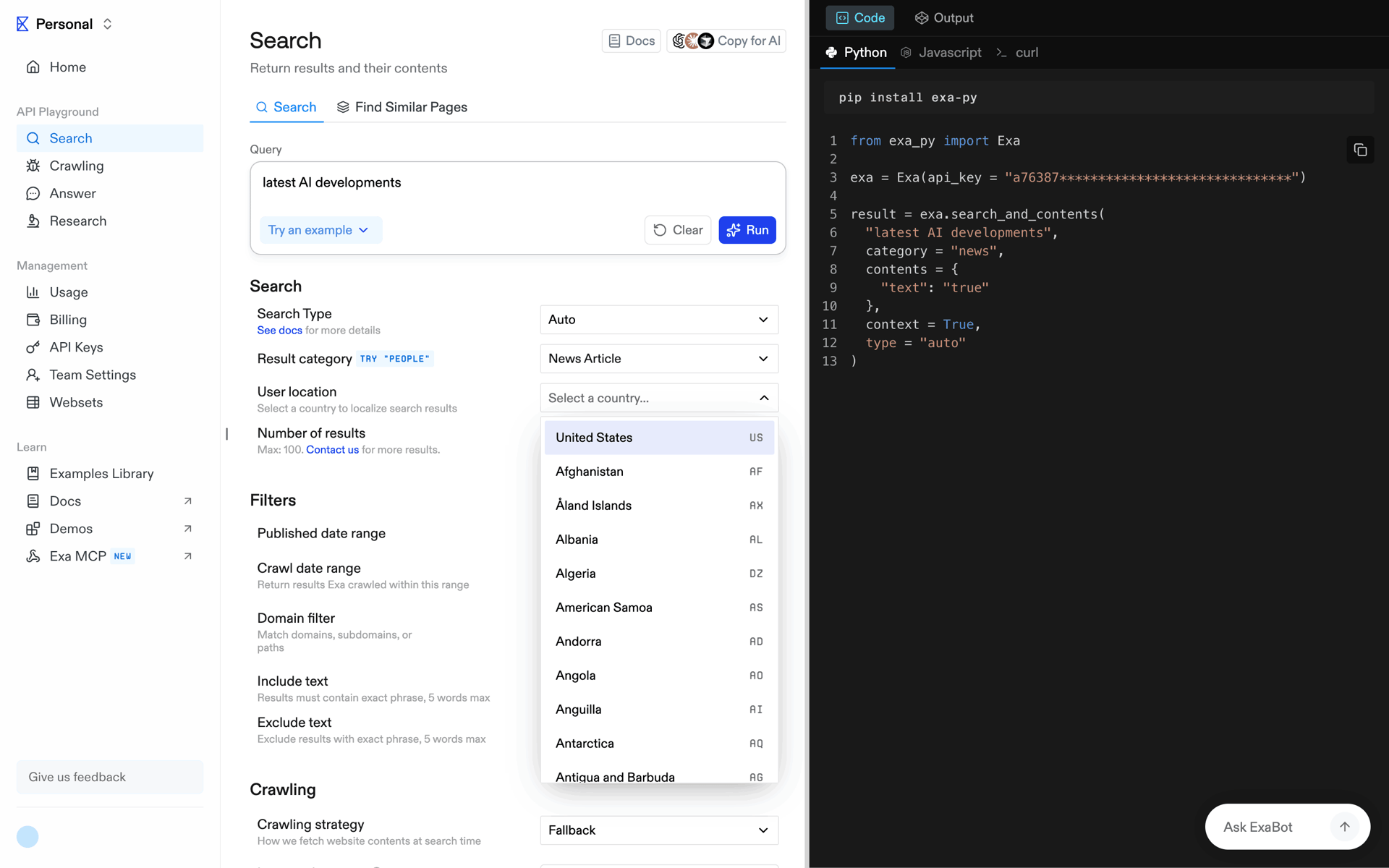 Exa Web UI screenshot 13