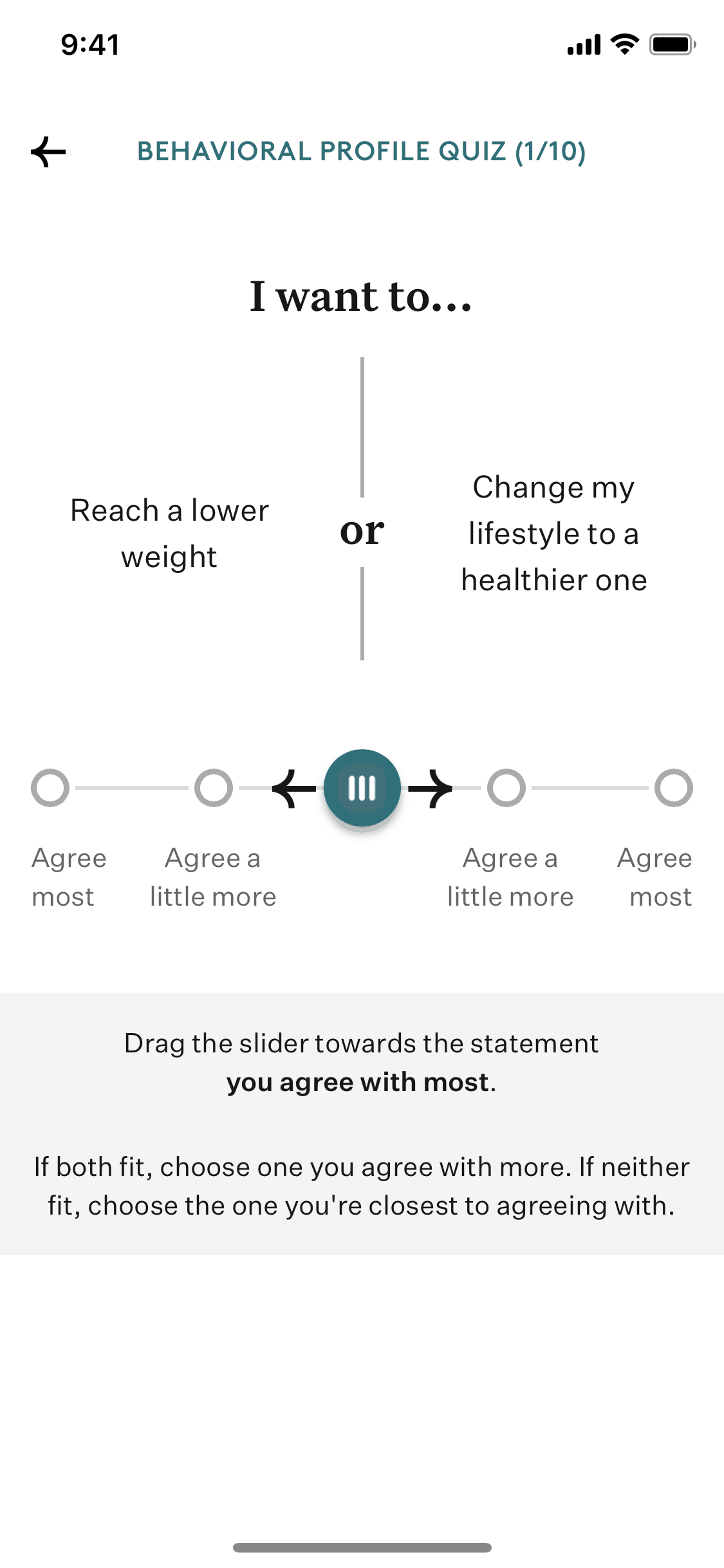 Completing a behavioral profile quiz on Noom (ios) screen 2