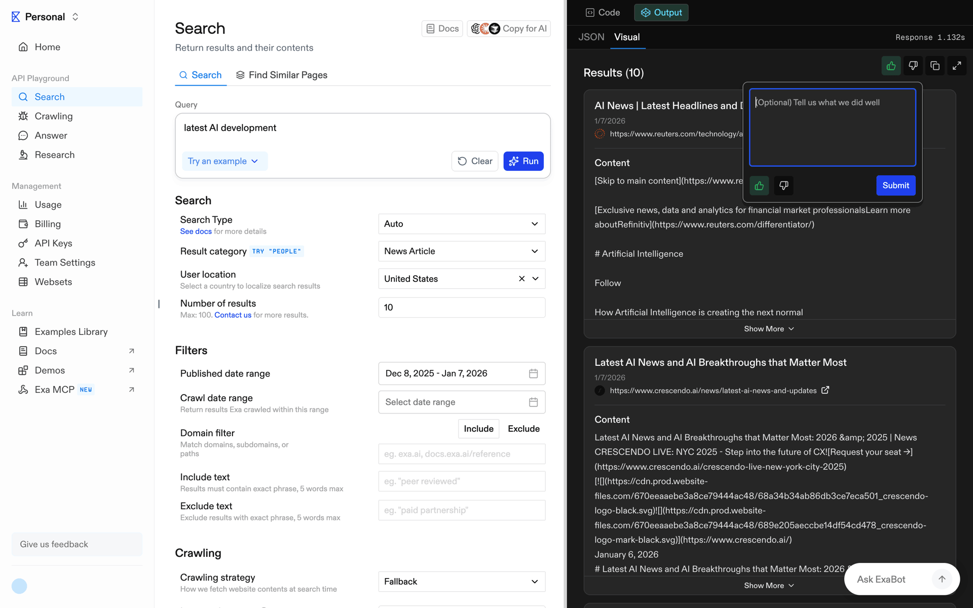 Exa Web UI screenshot 2