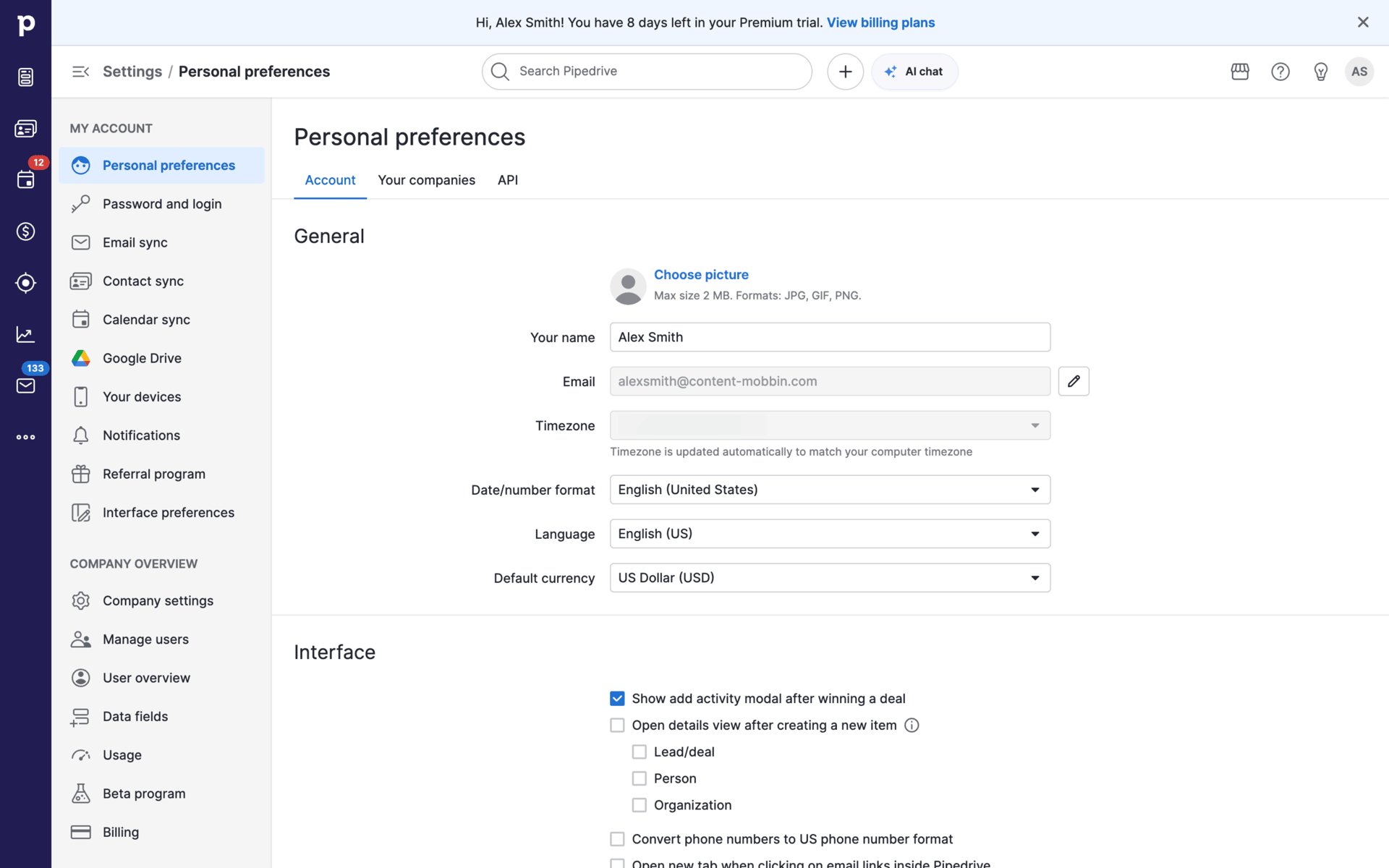 Pipedrive Web UI screenshot 8