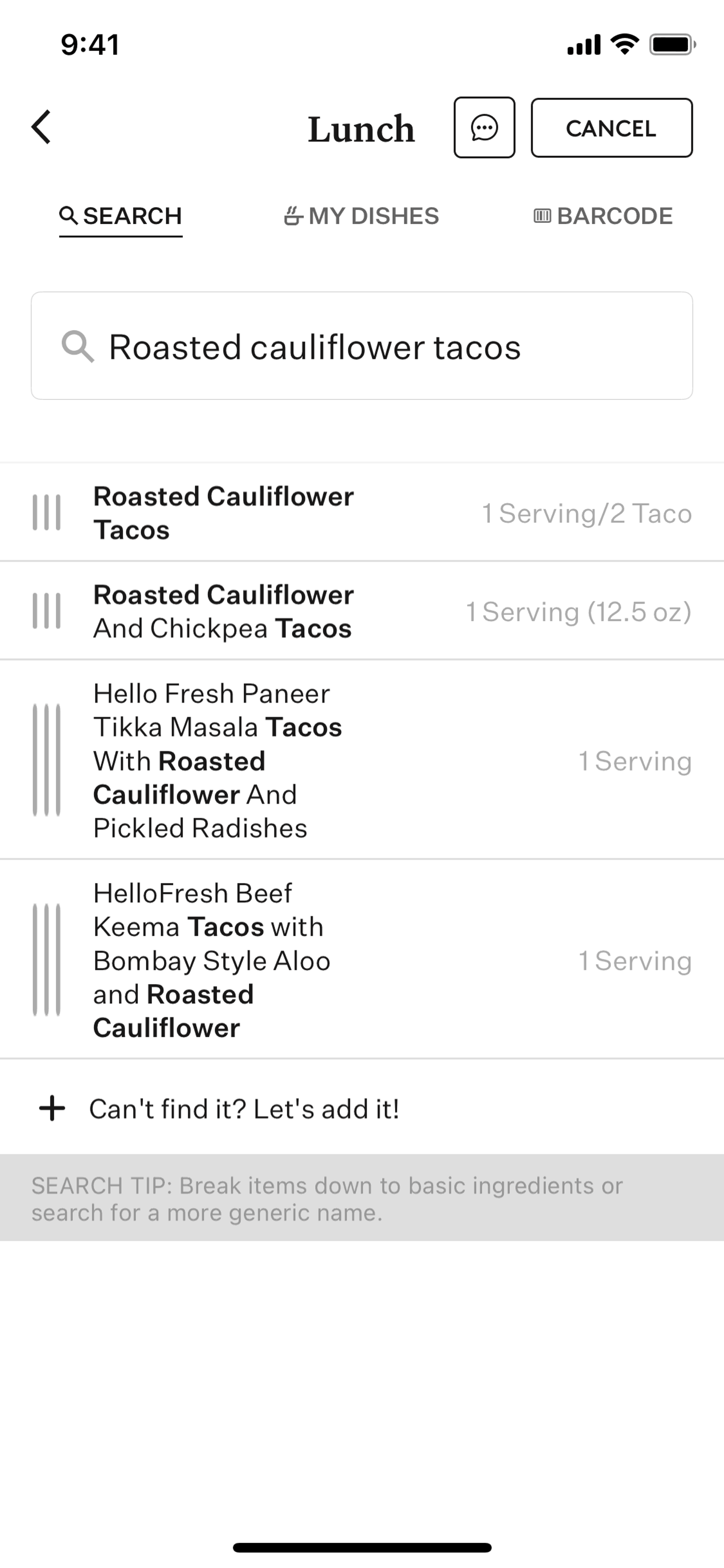 Creating a new food on Noom (ios) screen 2