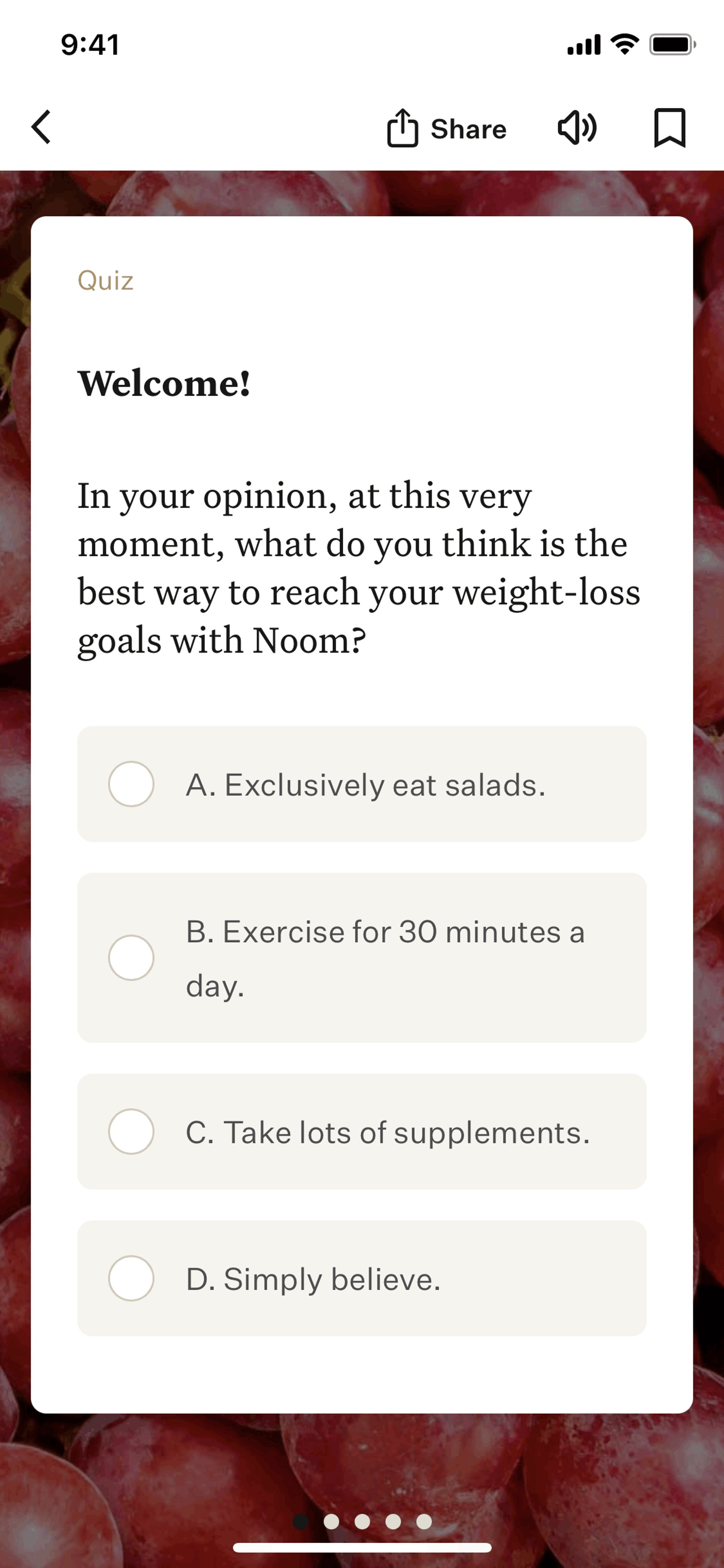 Completing a welcome quiz on Noom (ios) screen 2