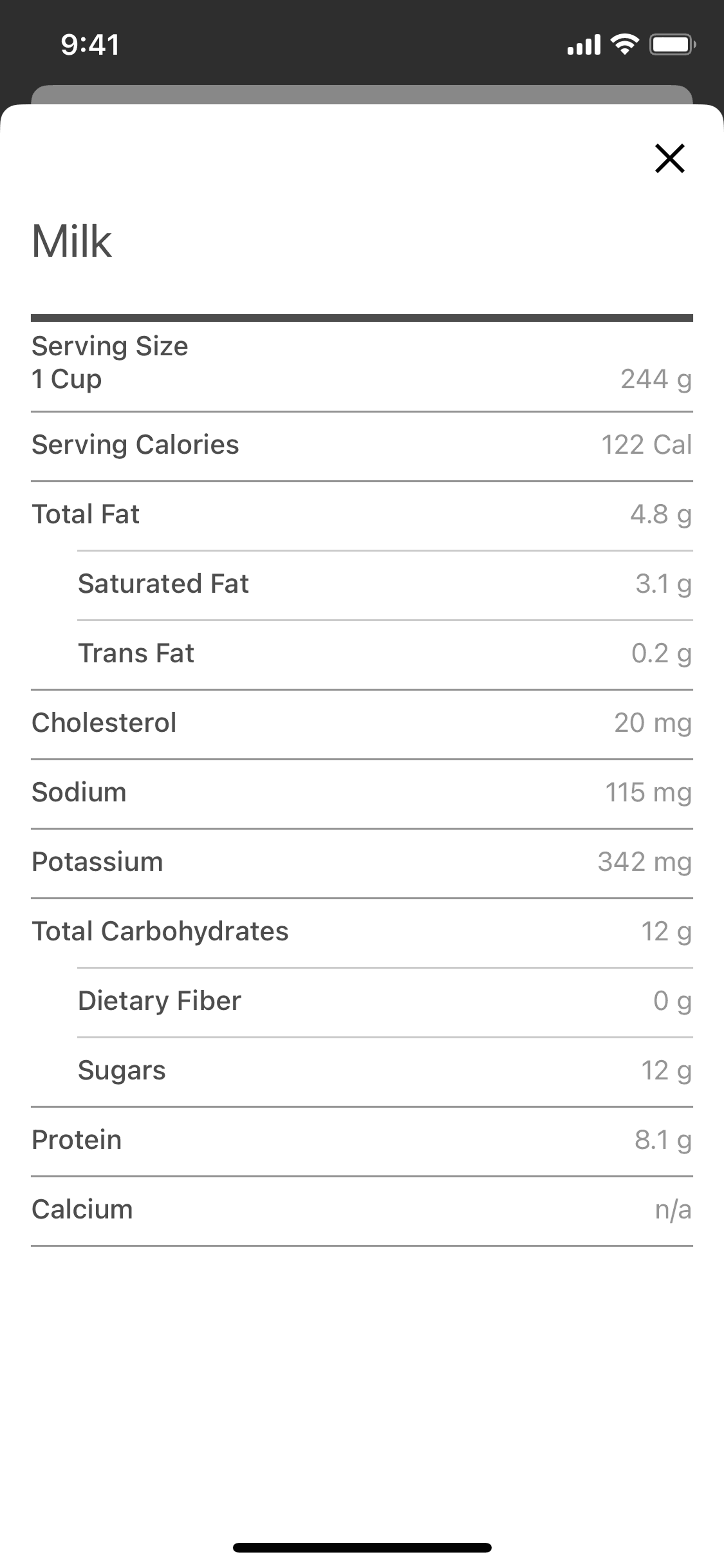 Nutrition facts on Noom (ios) screen 2