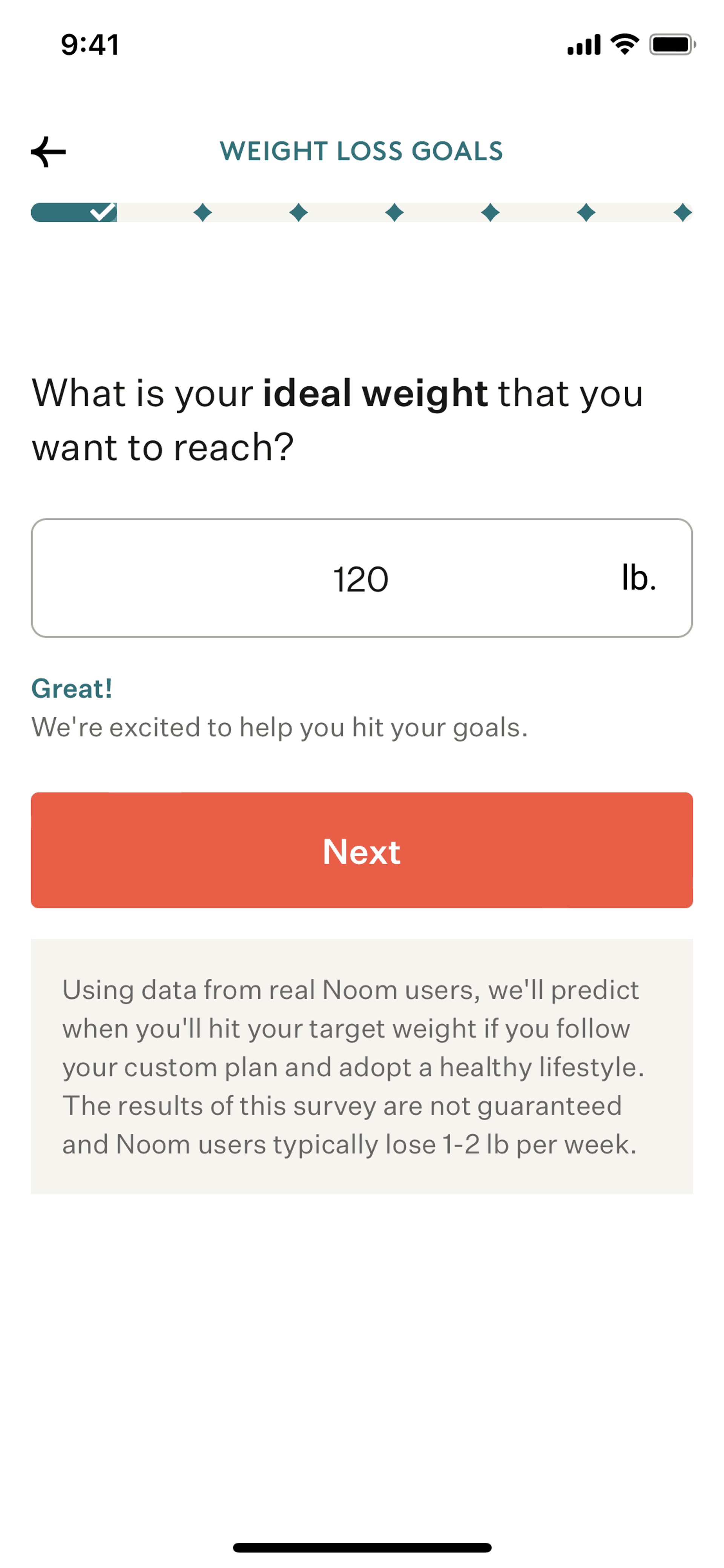 Setting up weight loss goals on Noom (ios) screen 2