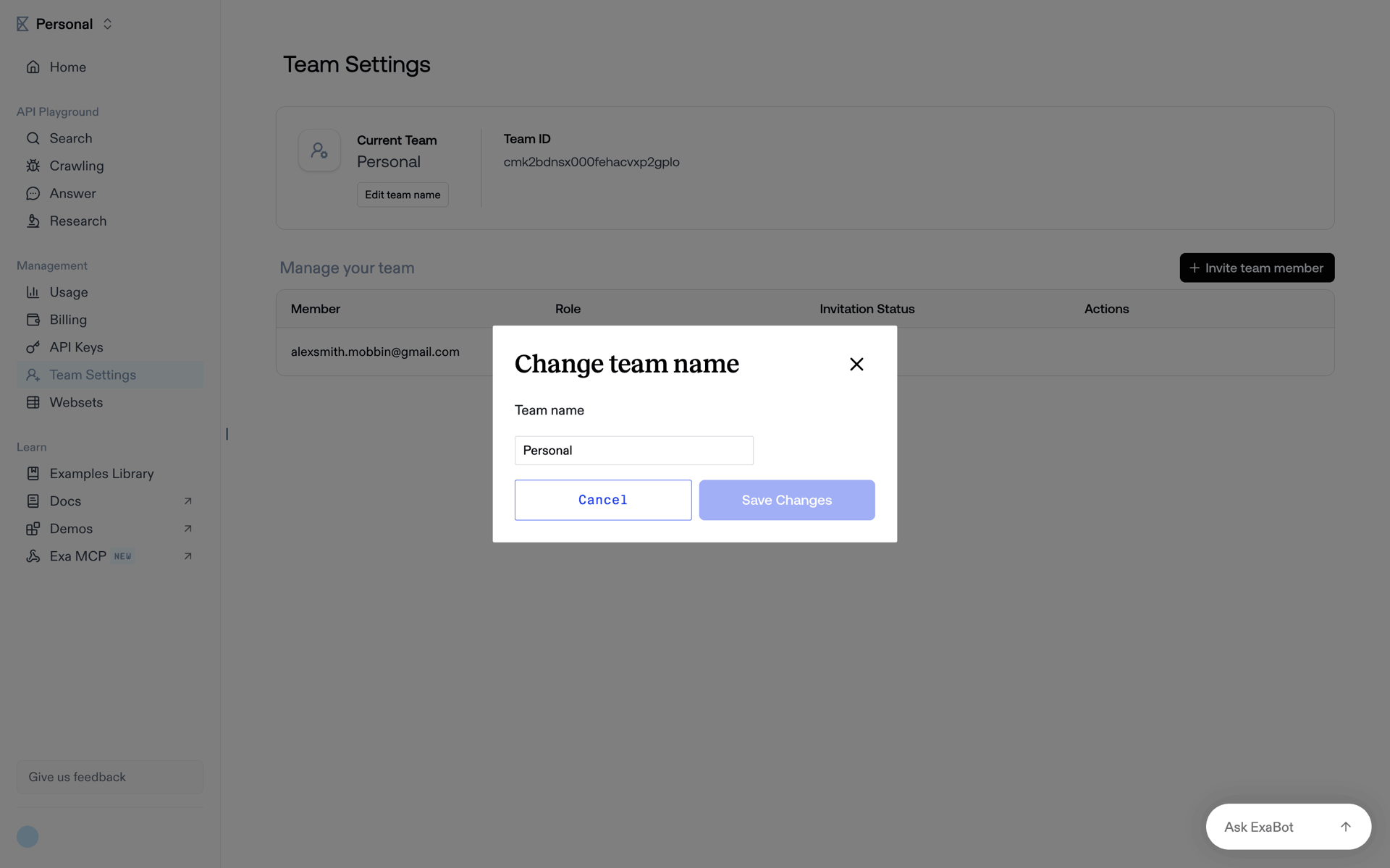 Exa Web UI screenshot 4