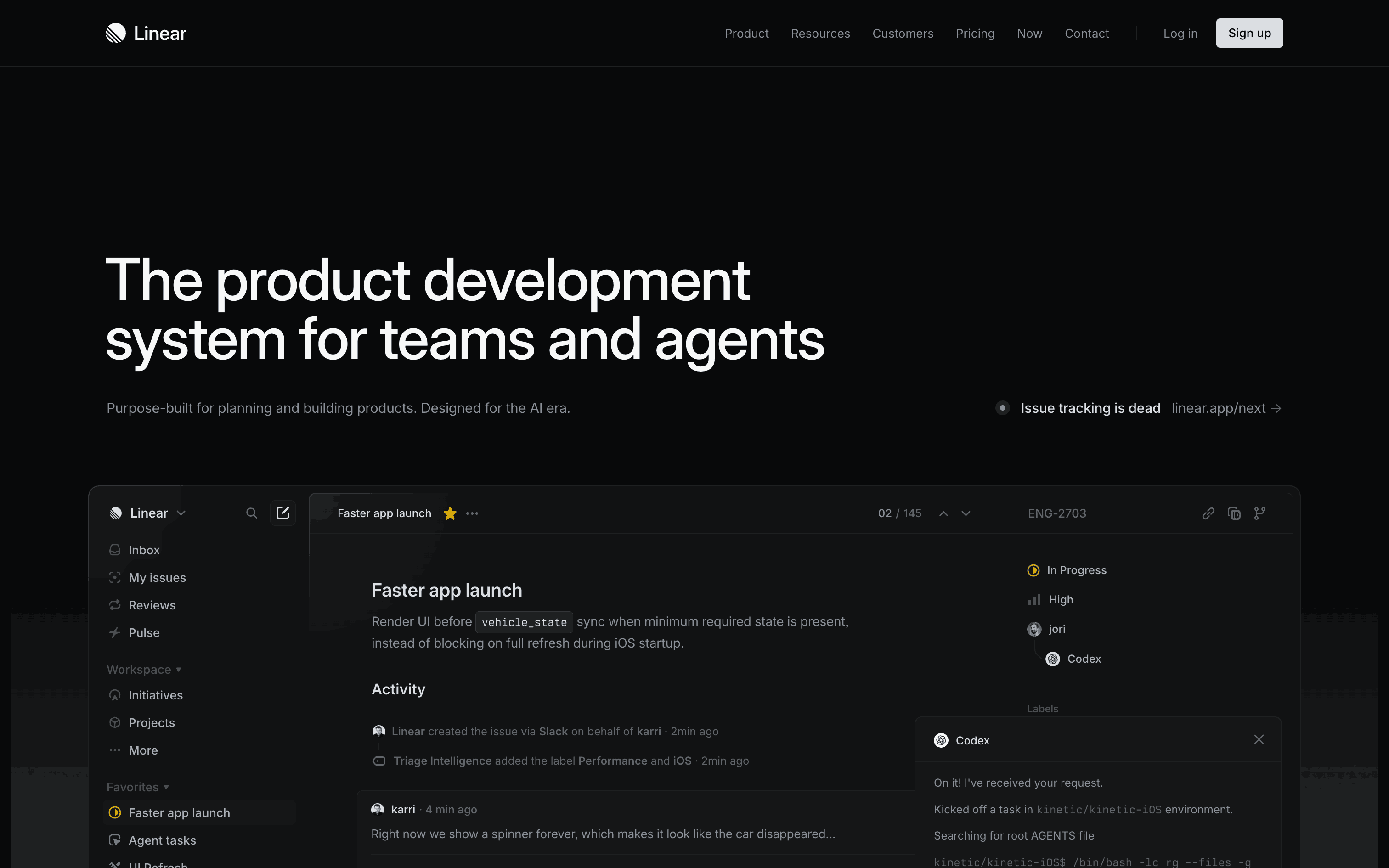 Linear web product landing page with a project management interface preview